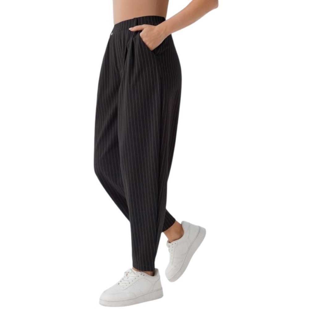 NWT HALARA Black Dress Pants Mid Rise Barrel Leg Stripe Pants - Picture 15 of 16